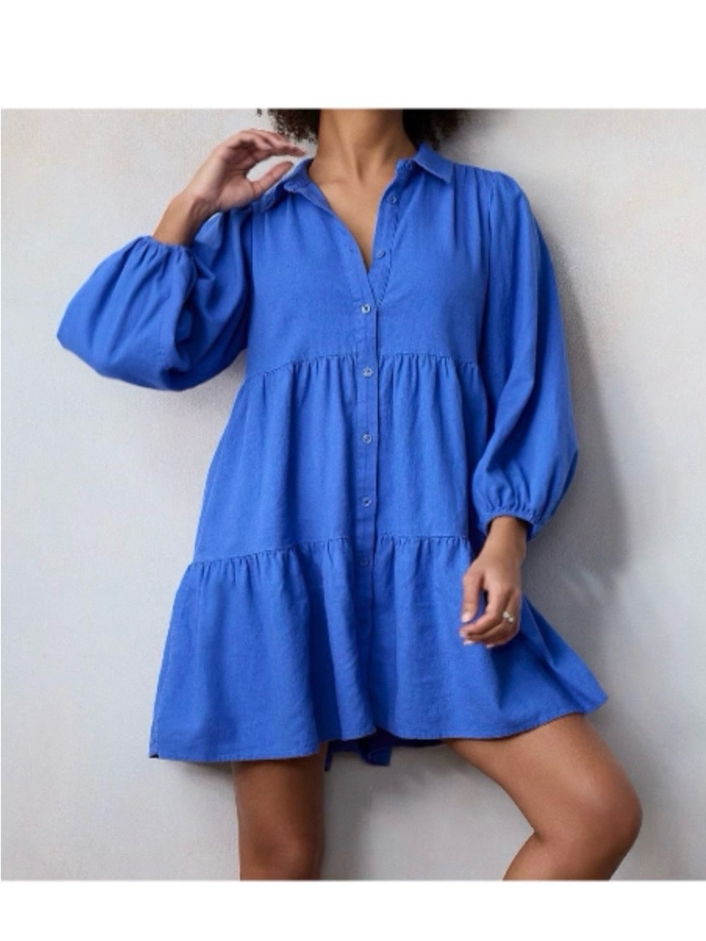 LC Lauren Conrad Blue Button-Front Tiered Shirt Dress lines size large